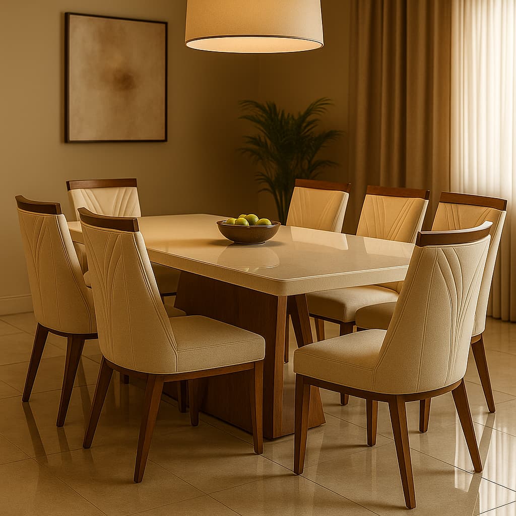 Aangan 6-Seater Modern Cream Upholstered Dining Set with Sleek White Top