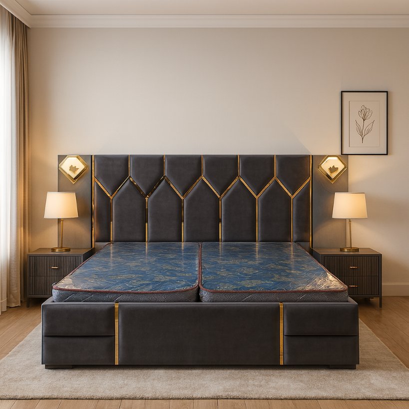 Noir Arcadia Upholstered Bed with Brass Accent Detailing