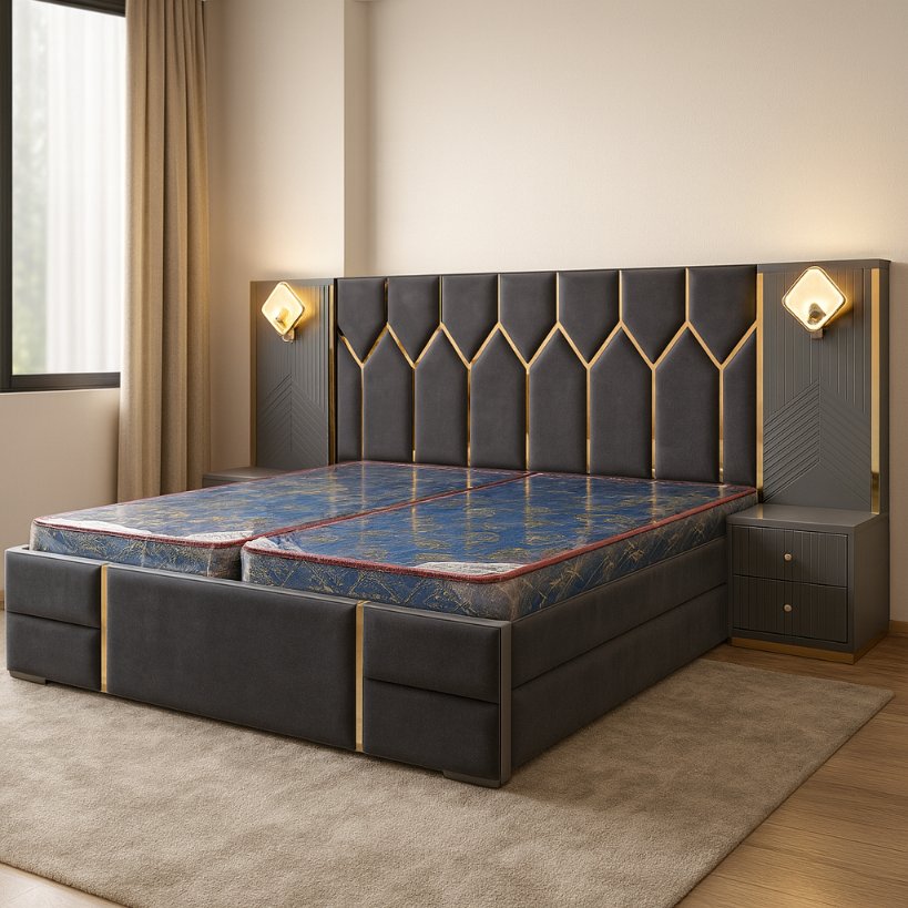 Noir Arcadia Upholstered Bed with Brass Accent Detailing