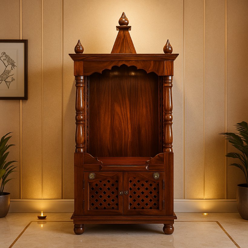 Aangan Sheesham Open Temple With Carved Pillars & Storage