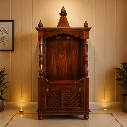 Aangan Sheesham Open Temple With Carved Pillars & Storage