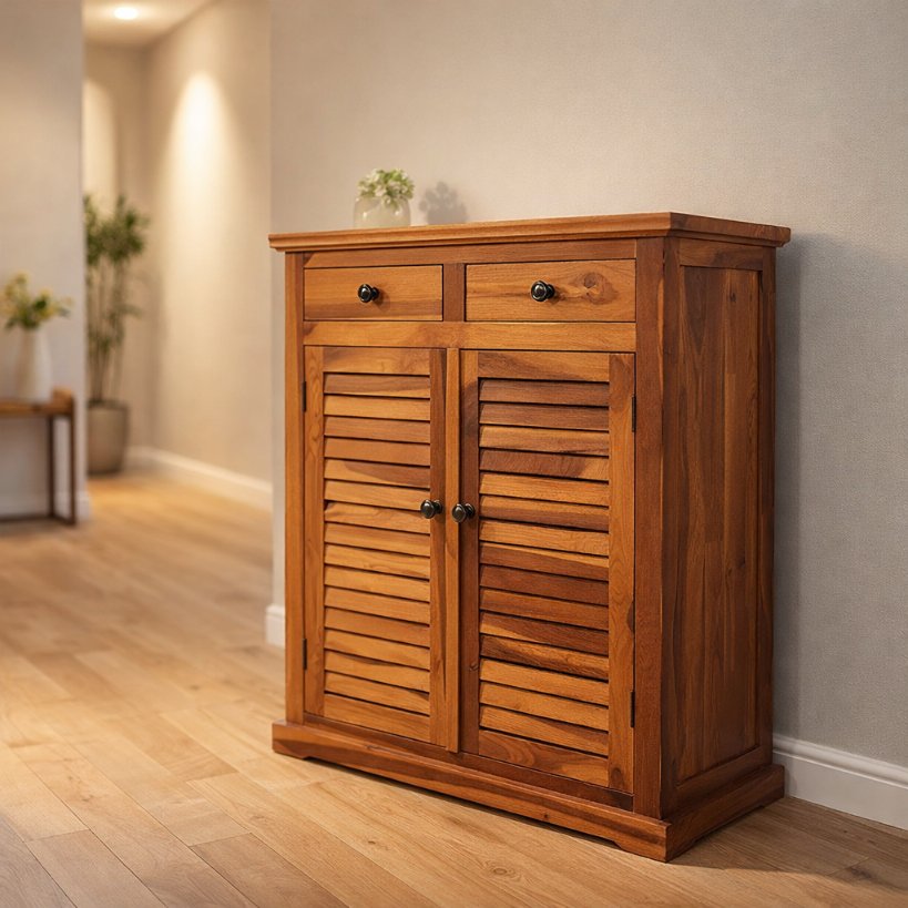 Aangan Solid Wood Shoe Rack with Louvered Doors & Dual Top Drawers