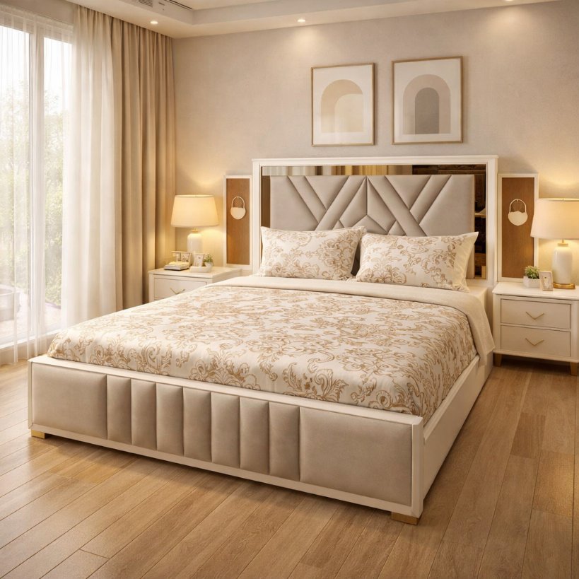 Elysian Luxe Upholstered Bed with Geometric Designer Headboard