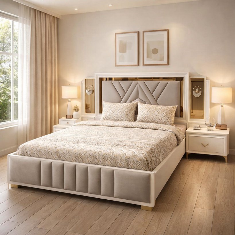 Elysian Luxe Upholstered Bed with Geometric Designer Headboard
