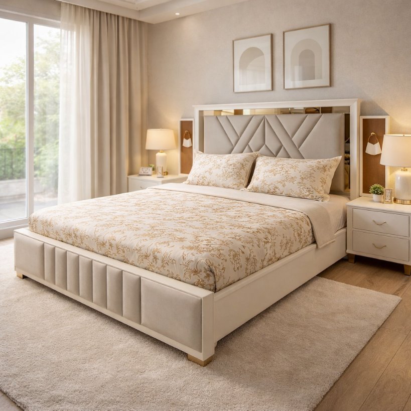 Elysian Luxe Upholstered Bed with Geometric Designer Headboard