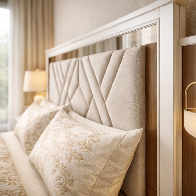 Elysian Luxe Upholstered Bed with Geometric Designer Headboard