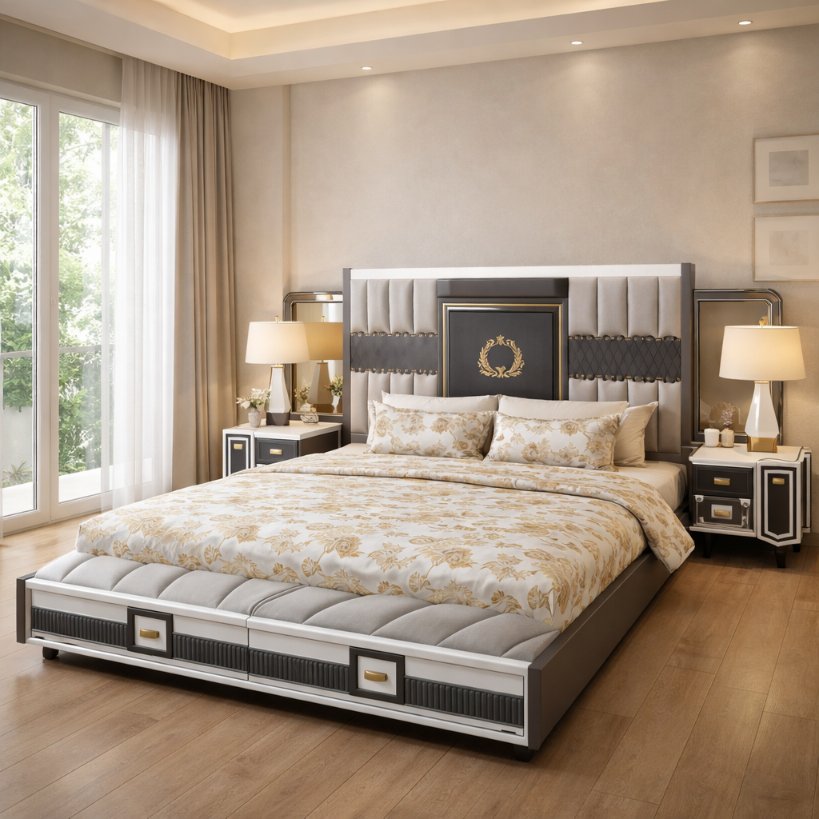 Regalia Crest Luxury Upholstered Bed with Royal Panel Headboard