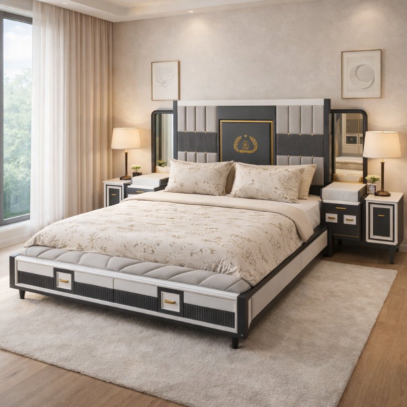 Regalia Crest Luxury Upholstered Bed with Royal Panel Headboard