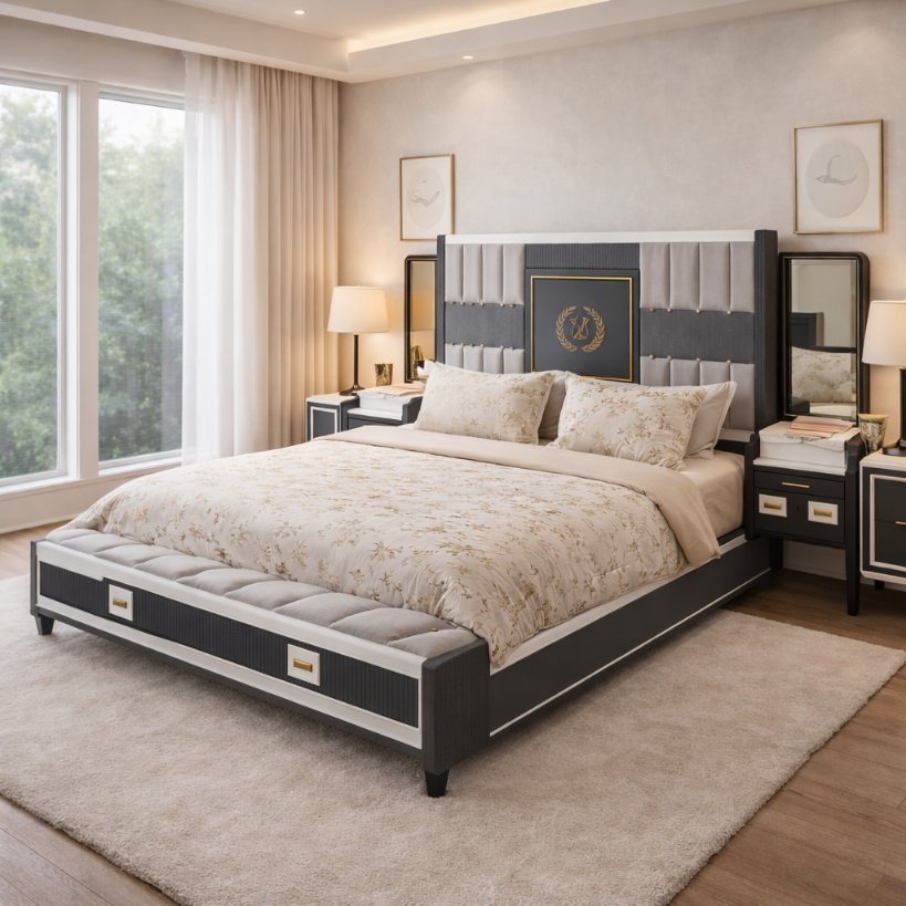 Regalia Crest Luxury Upholstered Bed with Royal Panel Headboard