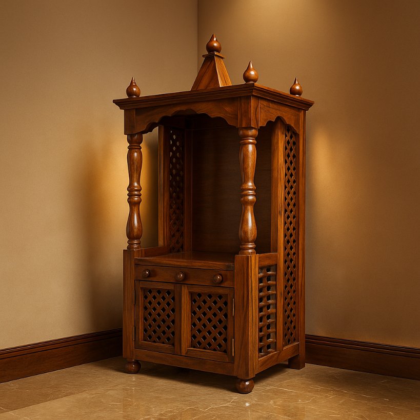 Aangan Sheesham Open Temple With Carved Pillars & Storage