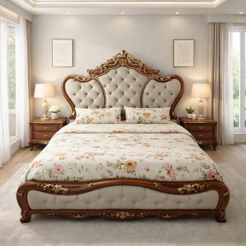Victorian Royale Handcrafted Upholstered Bed with Ornate Wooden Frame
