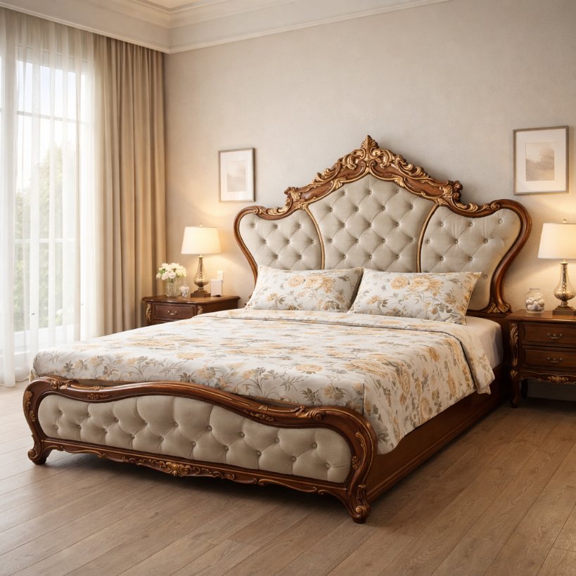 Victorian Royale Handcrafted Upholstered Bed with Ornate Wooden Frame