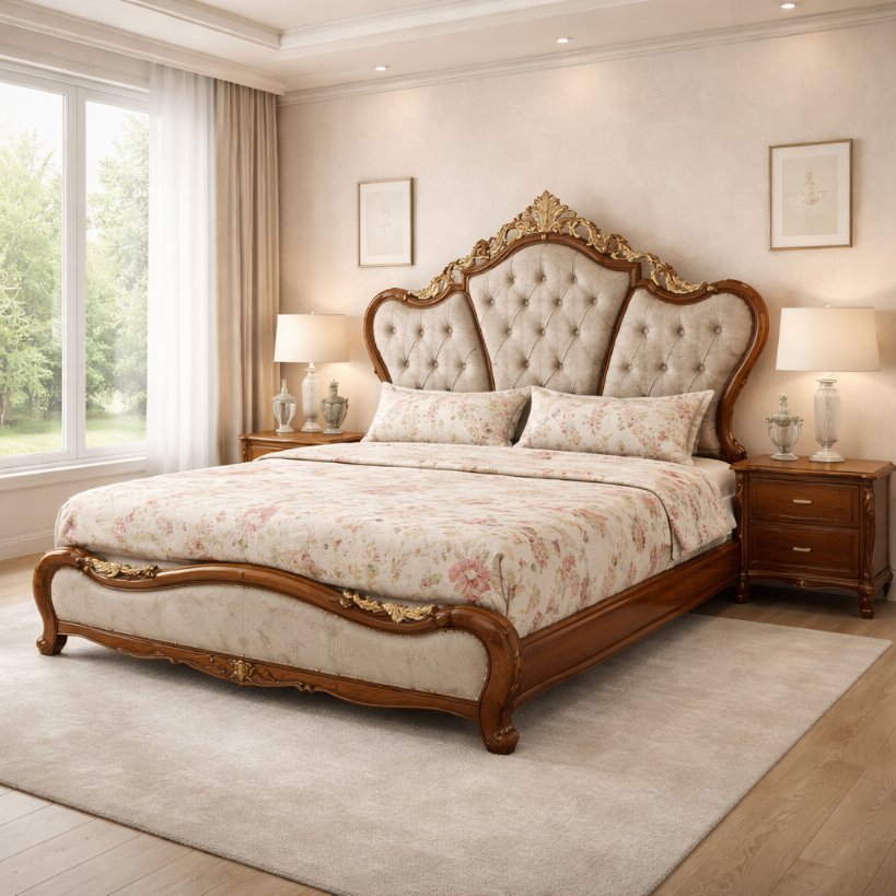 Victorian Royale Handcrafted Upholstered Bed with Ornate Wooden Frame