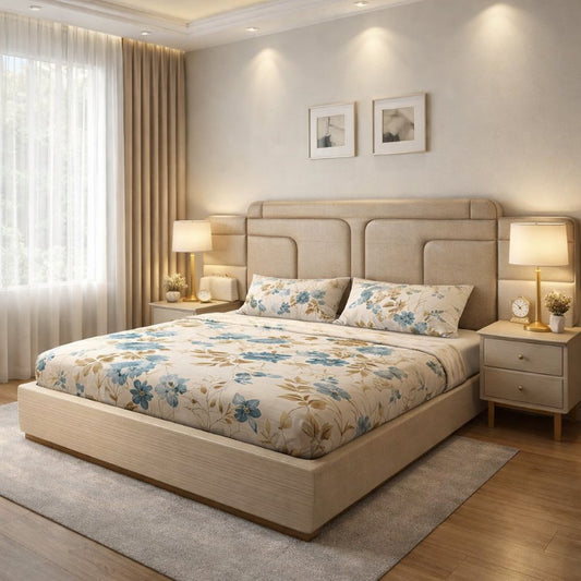 Aura Comfort Minimal Upholstered Bed with Soft Panel Headboard