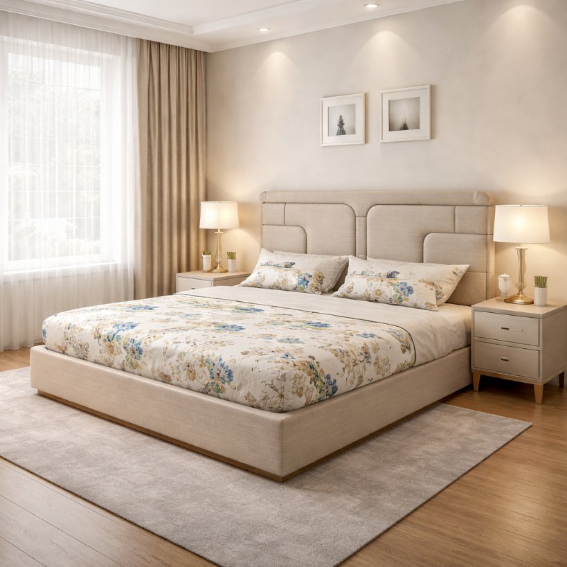 Aura Comfort Minimal Upholstered Bed with Soft Panel Headboard
