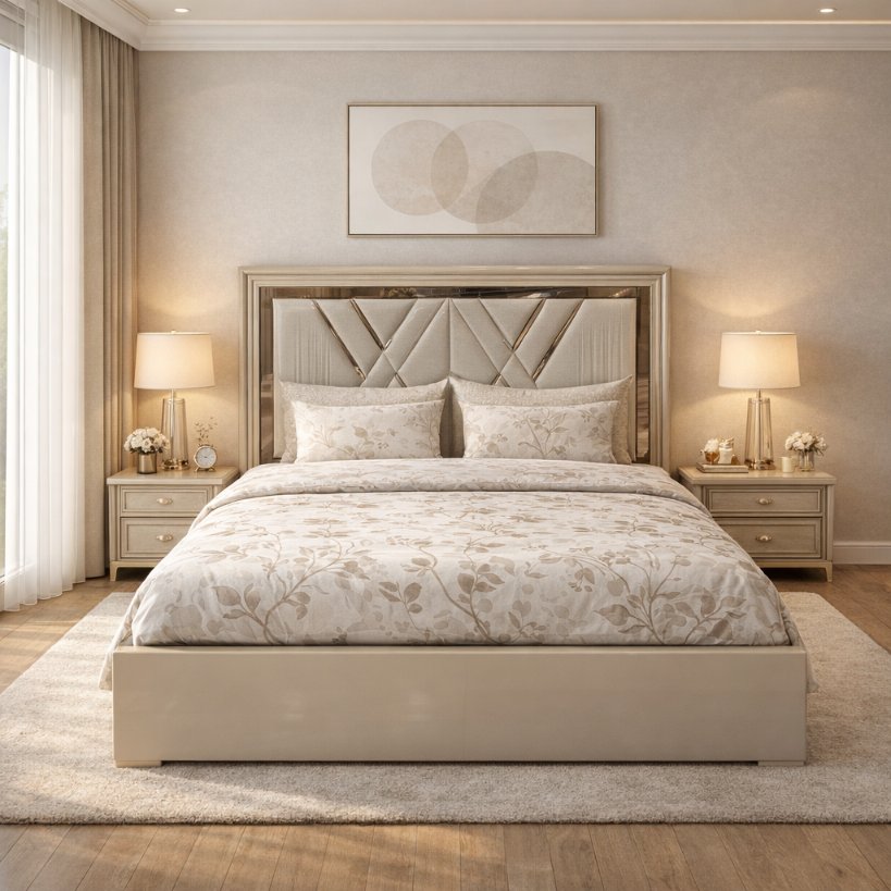 Elora Luxe Upholstered Bed with Geometric Panel Headboard