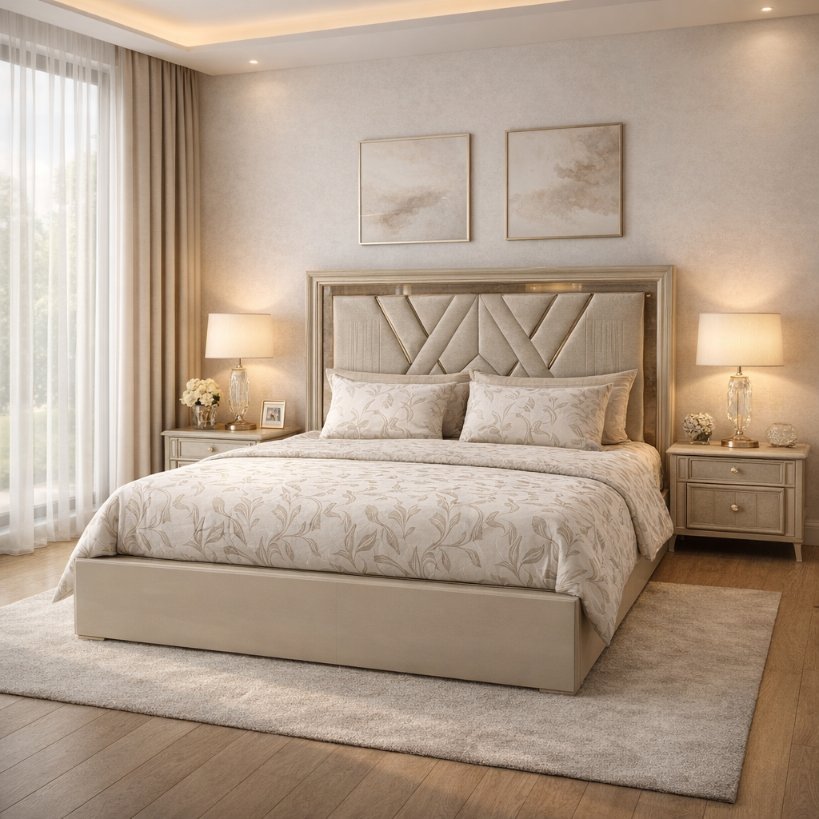 Elora Luxe Upholstered Bed with Geometric Panel Headboard