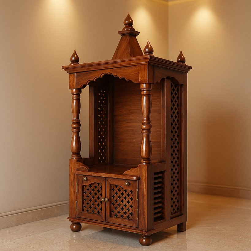 Aangan Sheesham Open Temple With Carved Pillars & Storage
