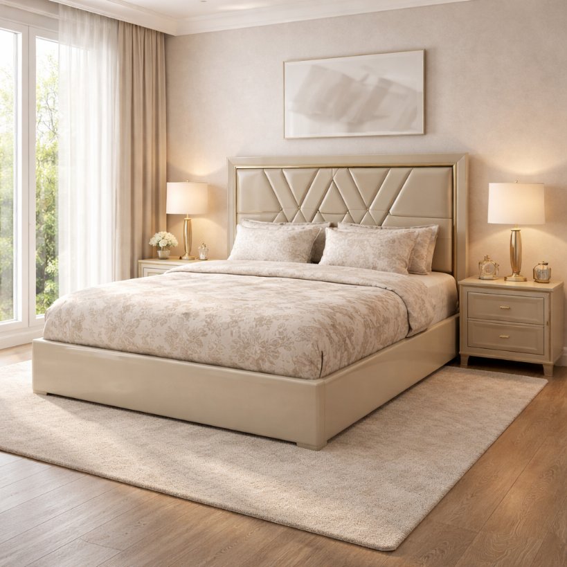 Elora Luxe Upholstered Bed with Geometric Panel Headboard