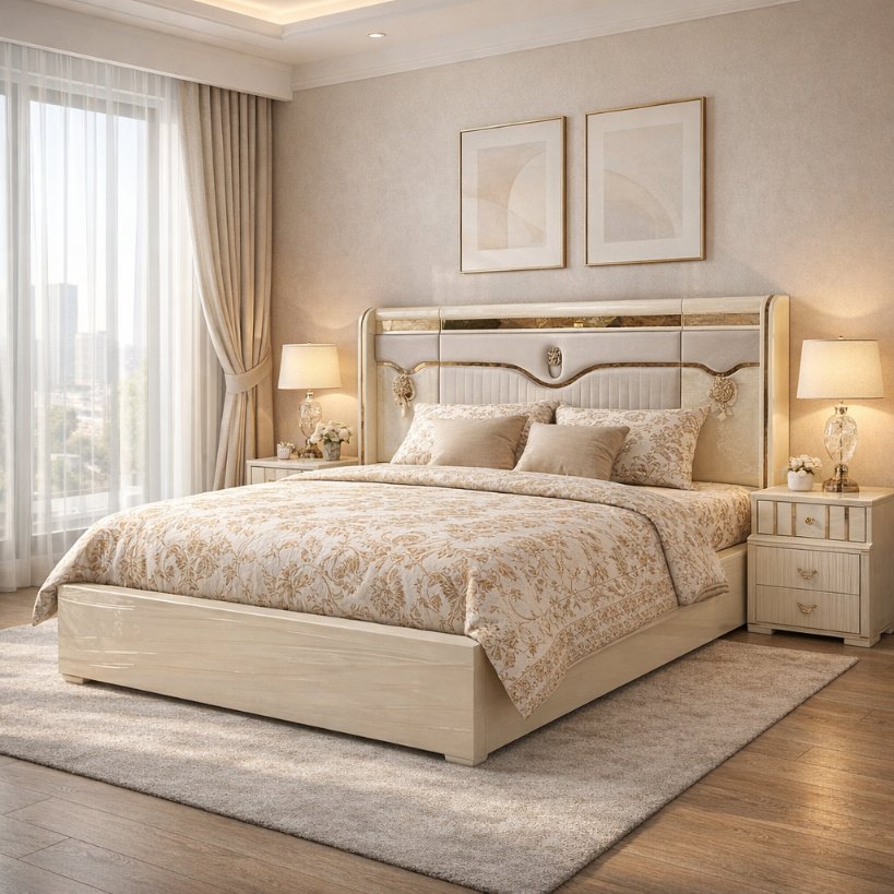 Ivory Crest Luxury Panel Bed with Soft Gold Accents