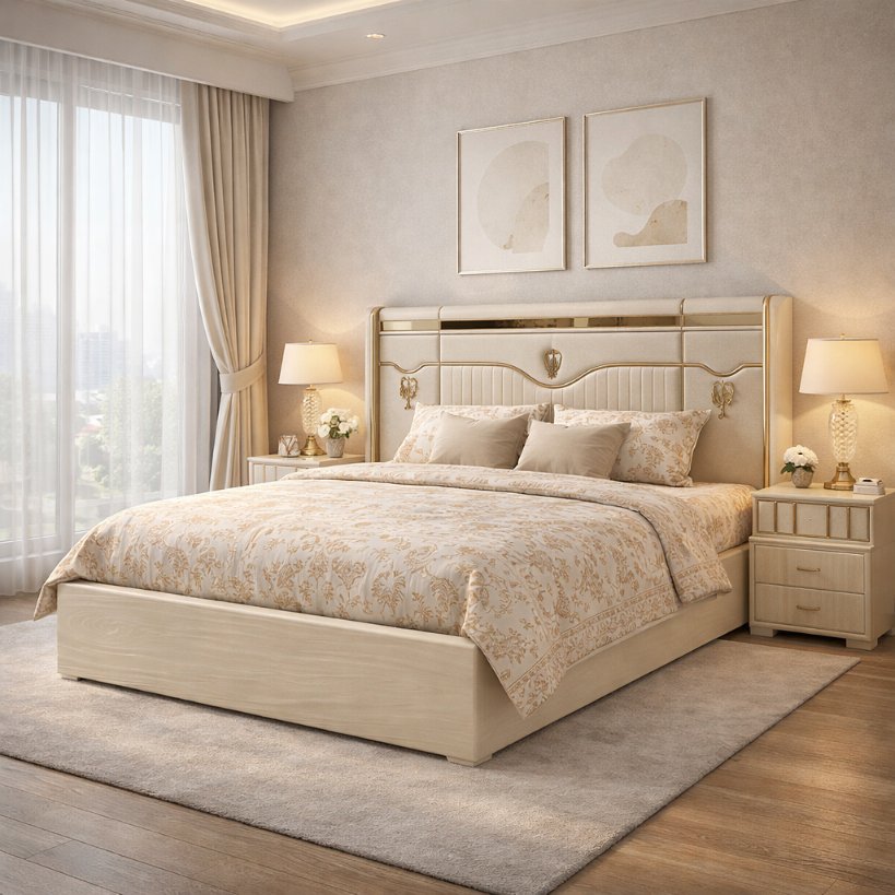 Ivory Crest Luxury Panel Bed with Soft Gold Accents