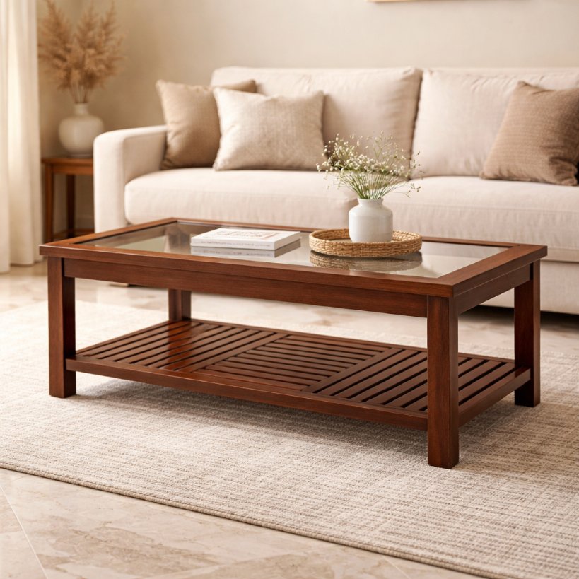 Solid Wood Glass Top Centre Table with Storage Shelf