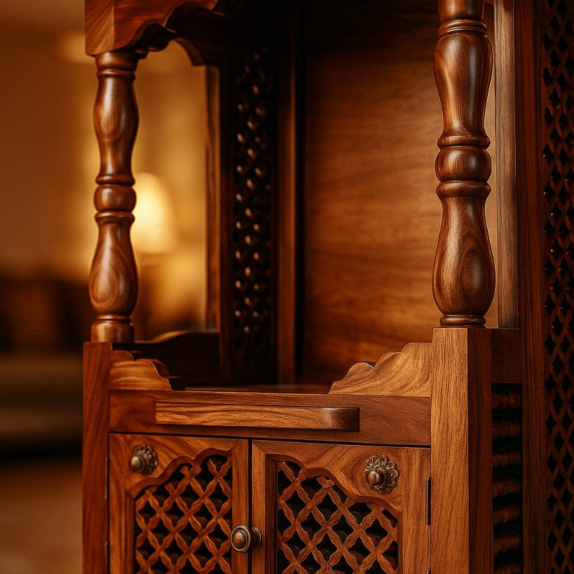 Aangan Sheesham Open Temple With Carved Pillars & Storage