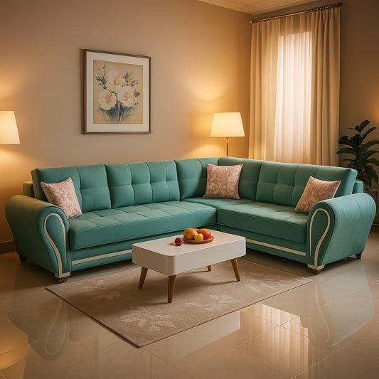 Aangan Aqua Plush 7-Seater L-Shaped Family Sofa