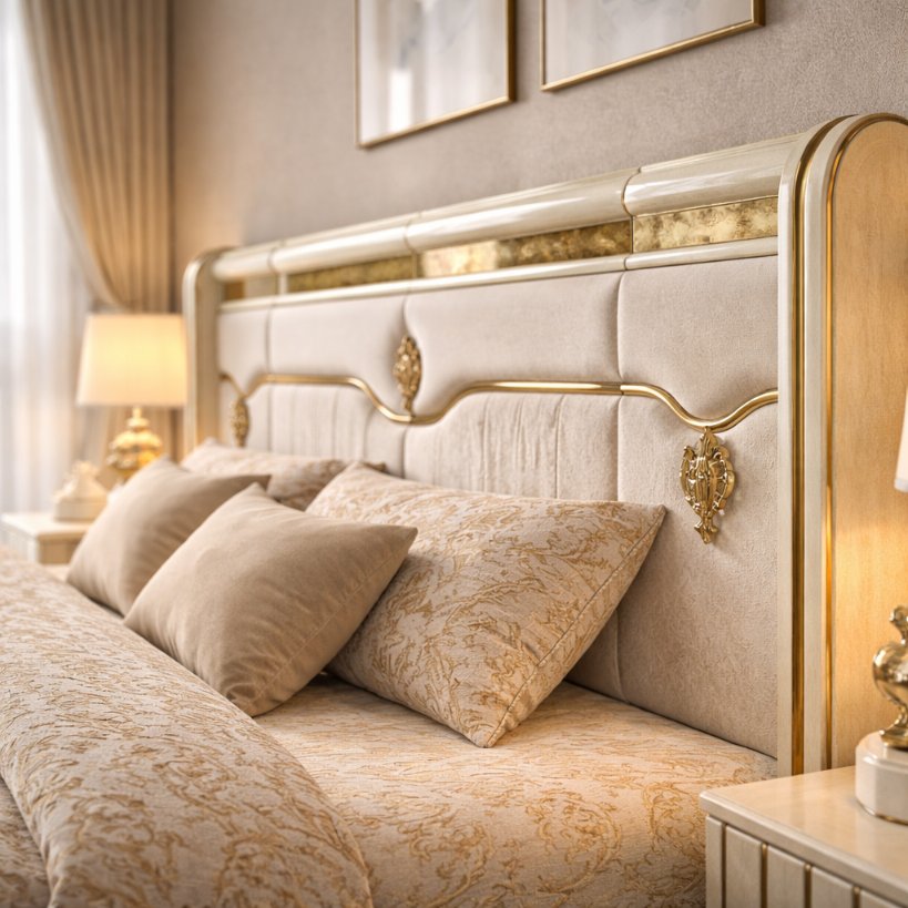 Ivory Crest Luxury Panel Bed with Soft Gold Accents