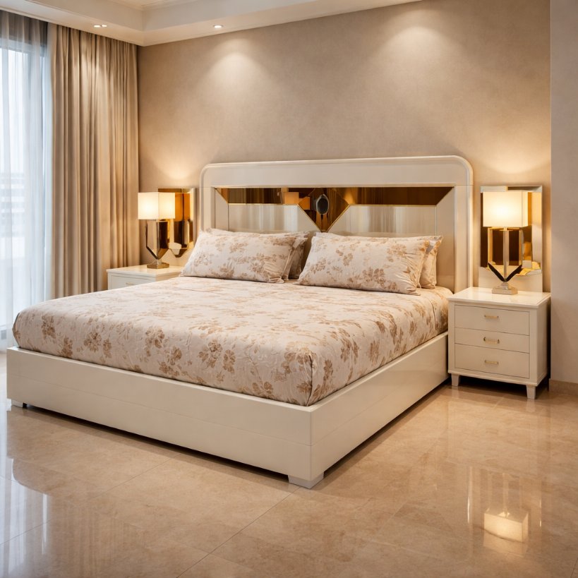 Royal Aura Upholstered Bed with Mirror Accent Headboard