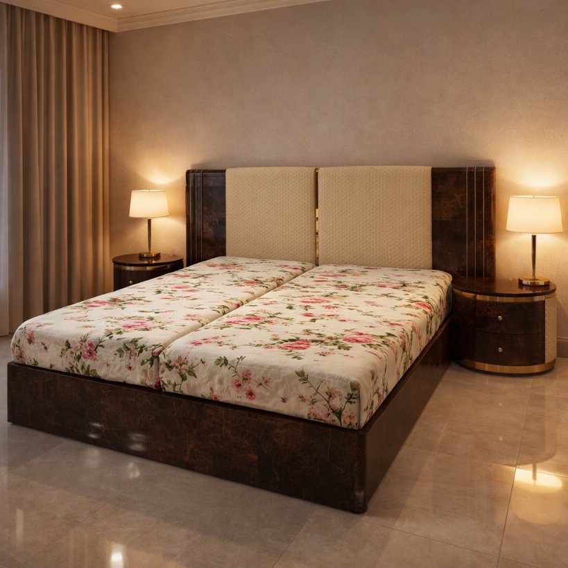 Urban Luxe Dual-Panel Upholstered Bed with Wooden Frame Finish