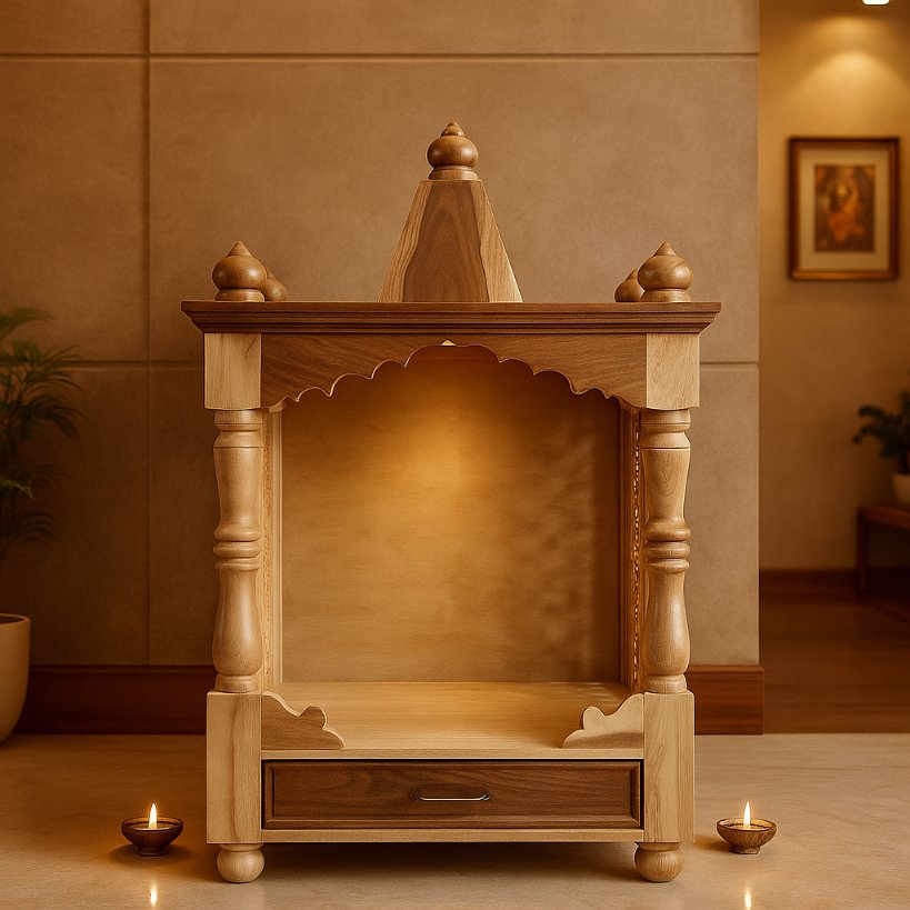 Aangan Light Sheesham Open Temple With Drawer & Carved Pillars