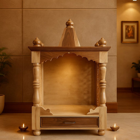 Aangan Light Sheesham Open Temple With Drawer & Carved Pillars