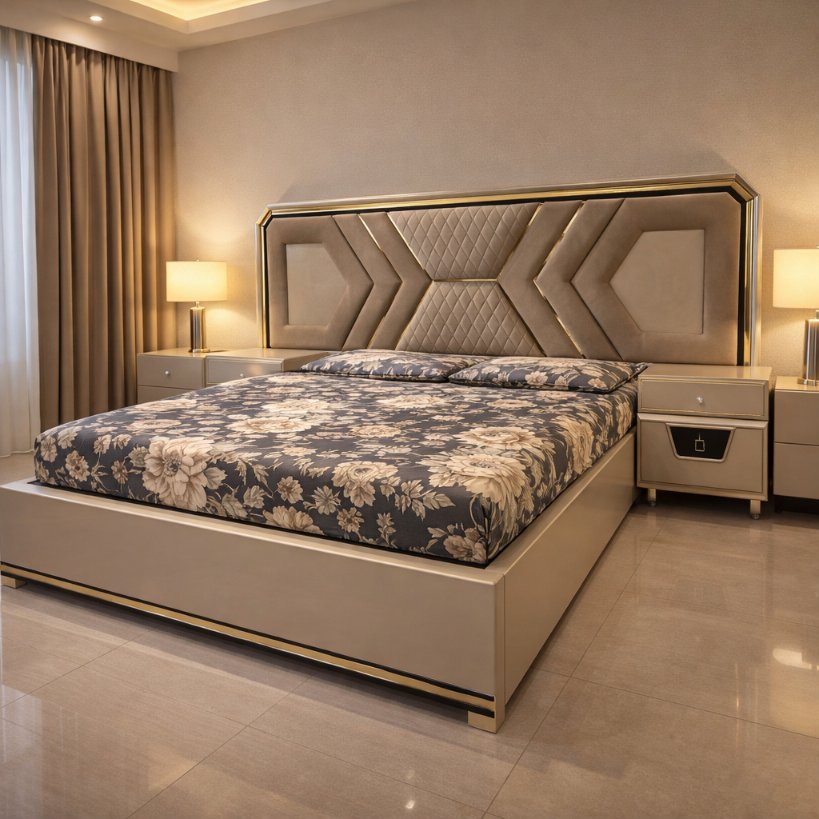 Nova Luxe Upholstered Bed with Geometric Headboard & Metallic Accents