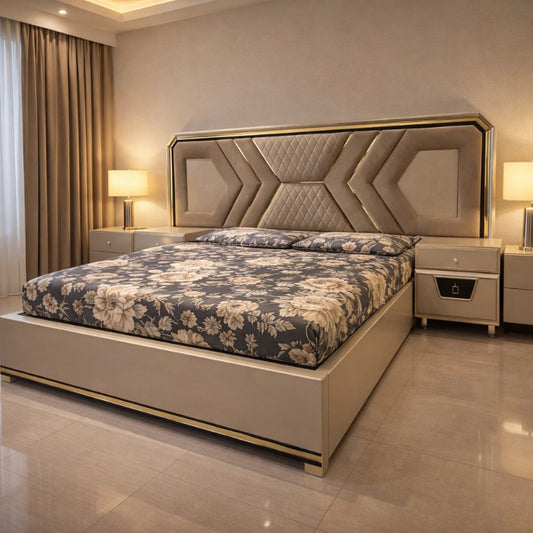Nova Luxe Upholstered Bed with Geometric Headboard & Metallic Accents