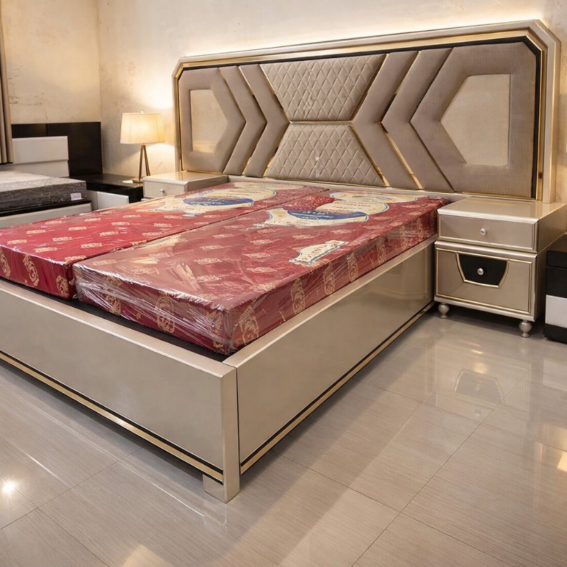 Nova Luxe Upholstered Bed with Geometric Headboard & Metallic Accents