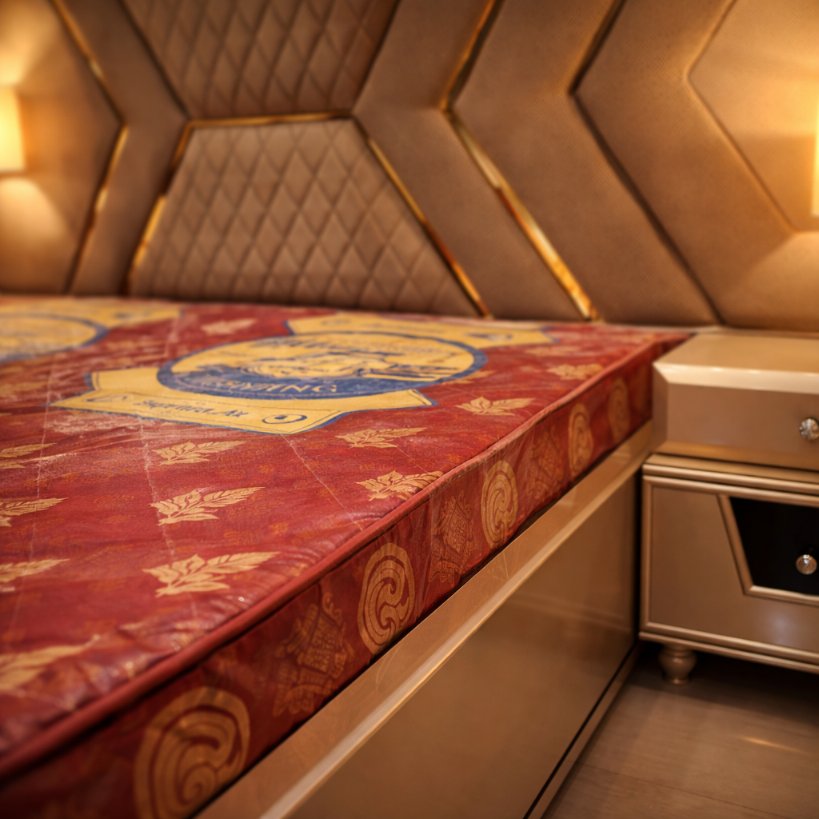 Nova Luxe Upholstered Bed with Geometric Headboard & Metallic Accents