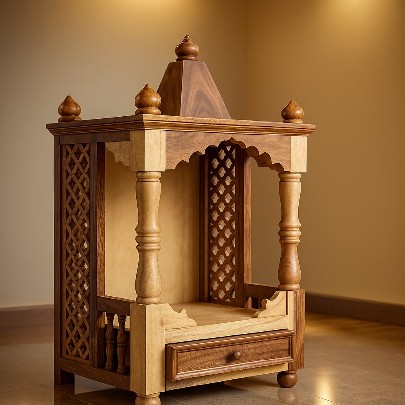 Aangan Light Sheesham Open Temple With Drawer & Carved Pillars