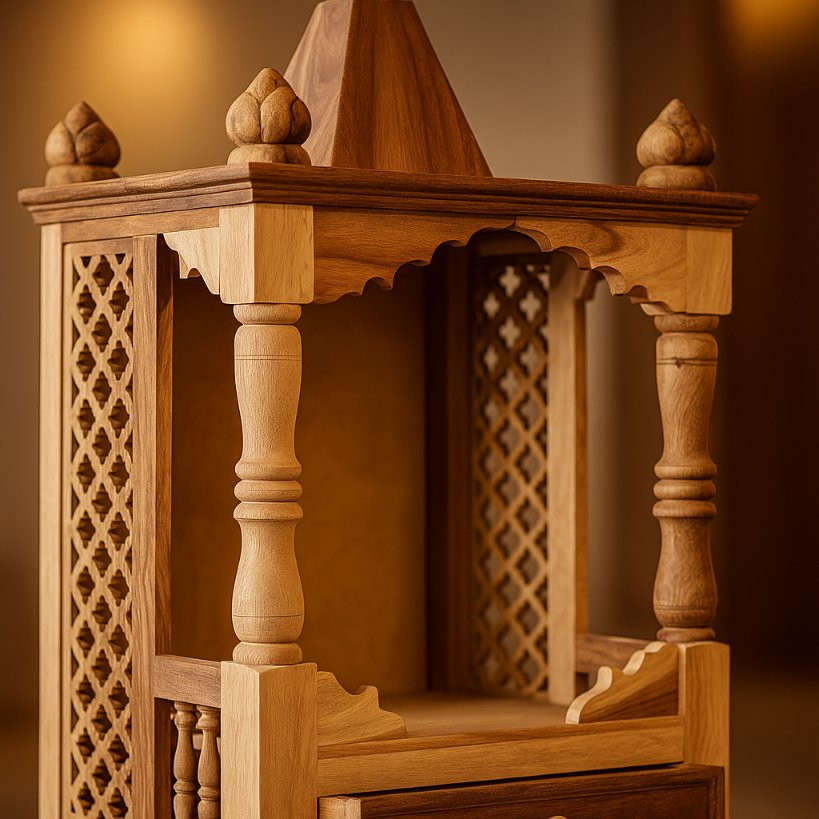 Aangan Light Sheesham Open Temple With Drawer & Carved Pillars