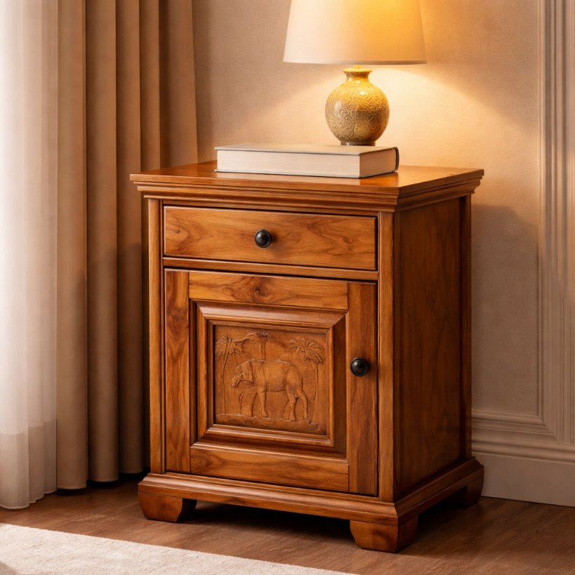 Aangan Heritage Bedside Table with Drawer & Storage – Solid Wood Finish