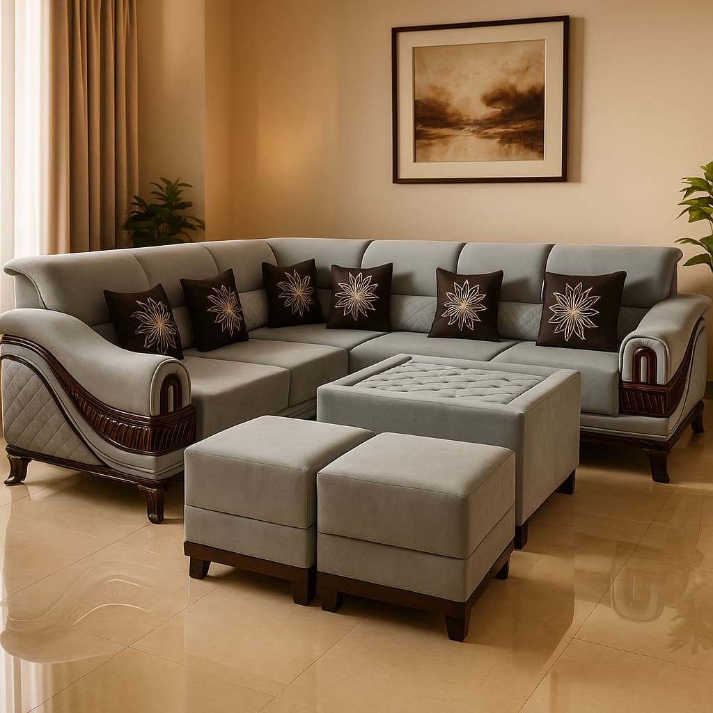 Aangan Royal Crest 7-Seater L-Shape Sofa – Premium Wooden Detailing