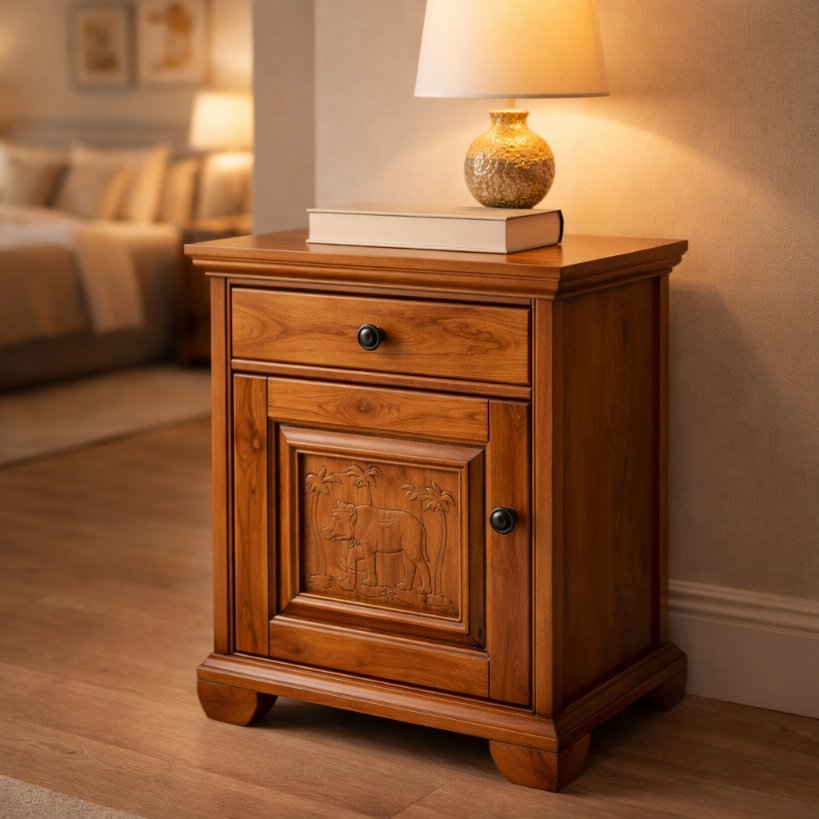 Aangan Heritage Bedside Table with Drawer & Storage – Solid Wood Finish