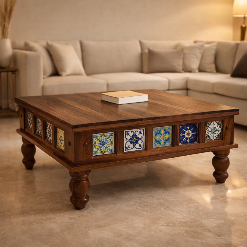 Handcrafted Solid Wood Centre Table with Decorative Tile Inlay