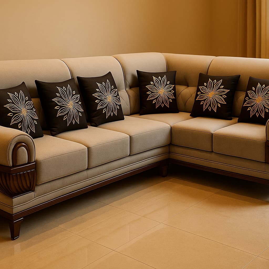 Aangan Royal Crest 7-Seater L-Shape Sofa – Premium Wooden Detailing