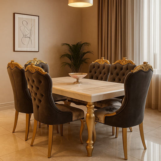 Aangan Luxury Velvet-Gold 6-Seater Royal Dining Set – Italian Marble Top | Premium Carved Back Chairs