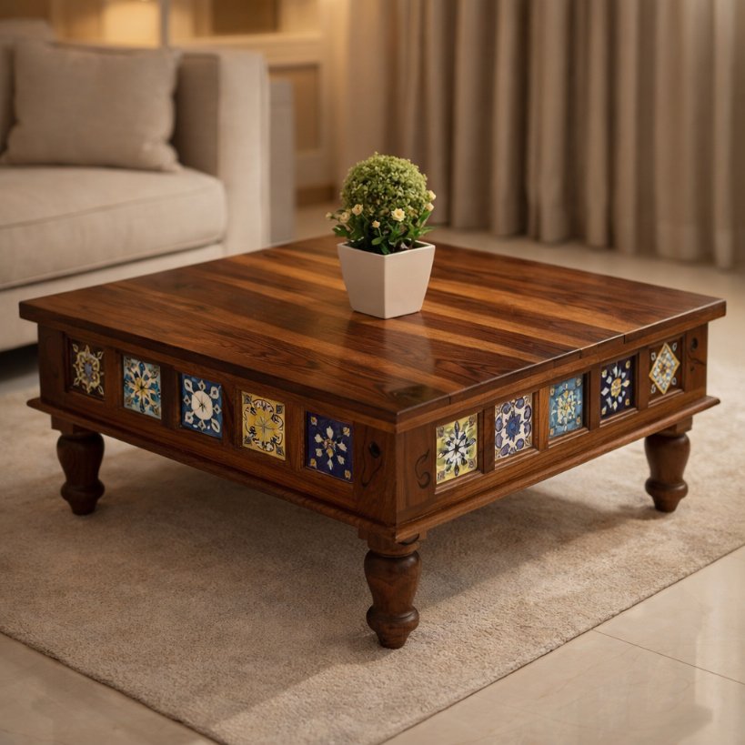 Handcrafted Solid Wood Centre Table with Decorative Tile Inlay