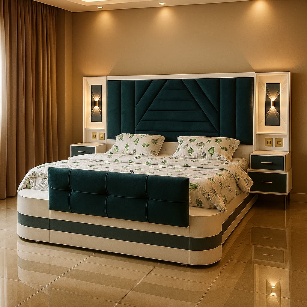 Aangan Modern Luxe Teal Panel Bed with Premium Storage Base