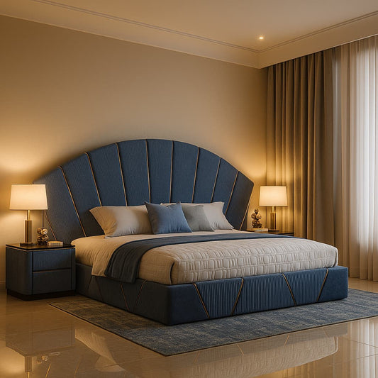 Aangan Signature FanHead Royal Bed – Premium Blue Upholstered Designer King Bed