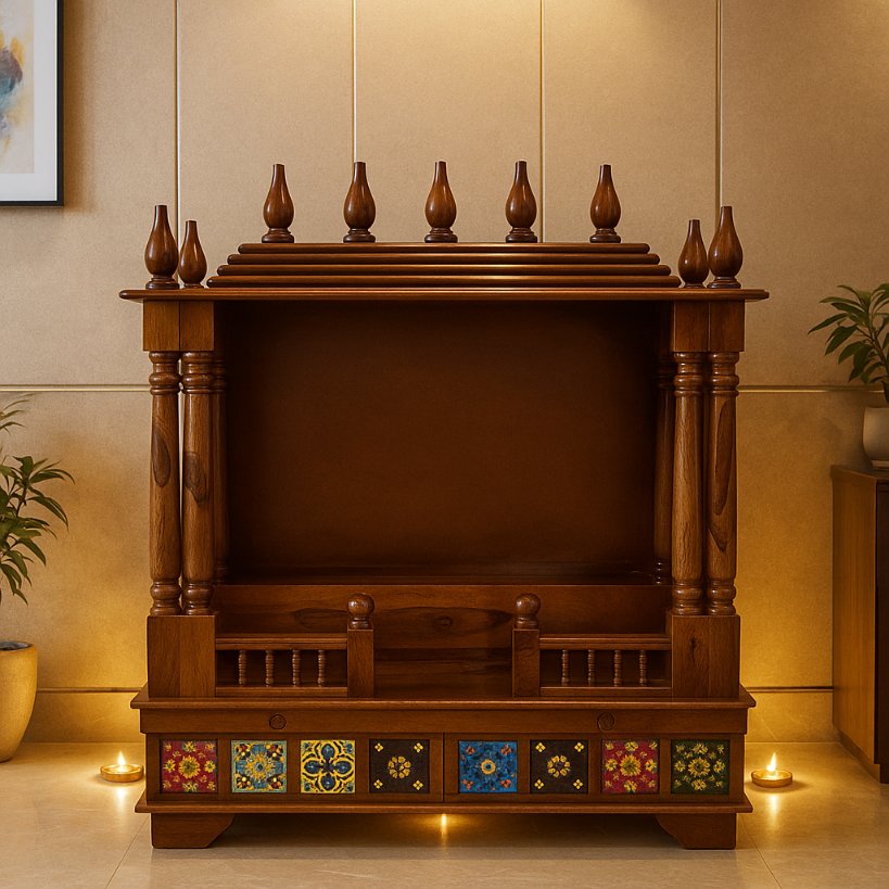 Aangan Sheesham Open Pooja Temple with Ceramic Tile Accents