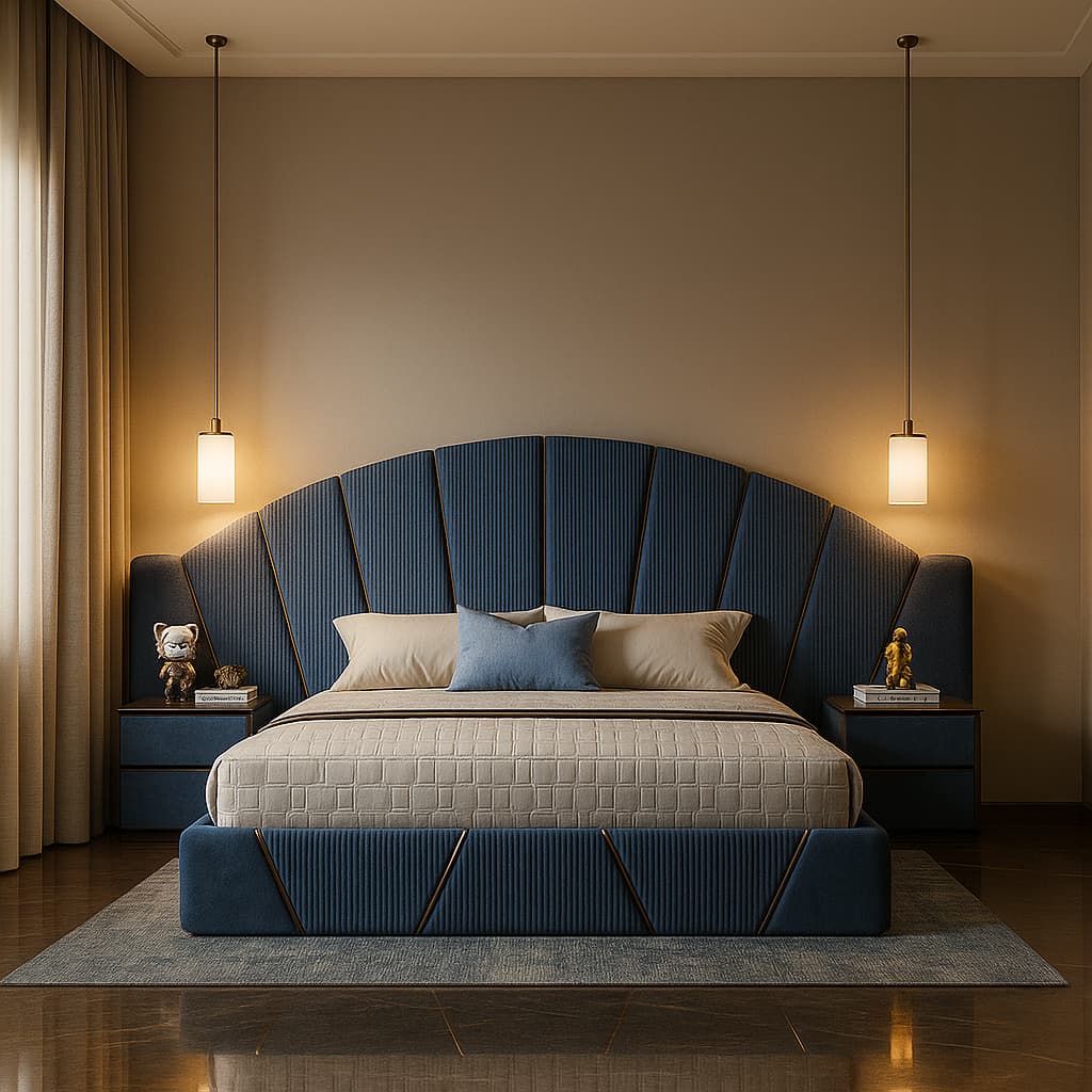 Aangan Signature FanHead Royal Bed – Premium Blue Upholstered Designer King Bed